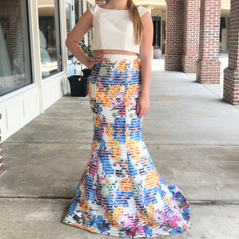 White and floral two piece formal dress